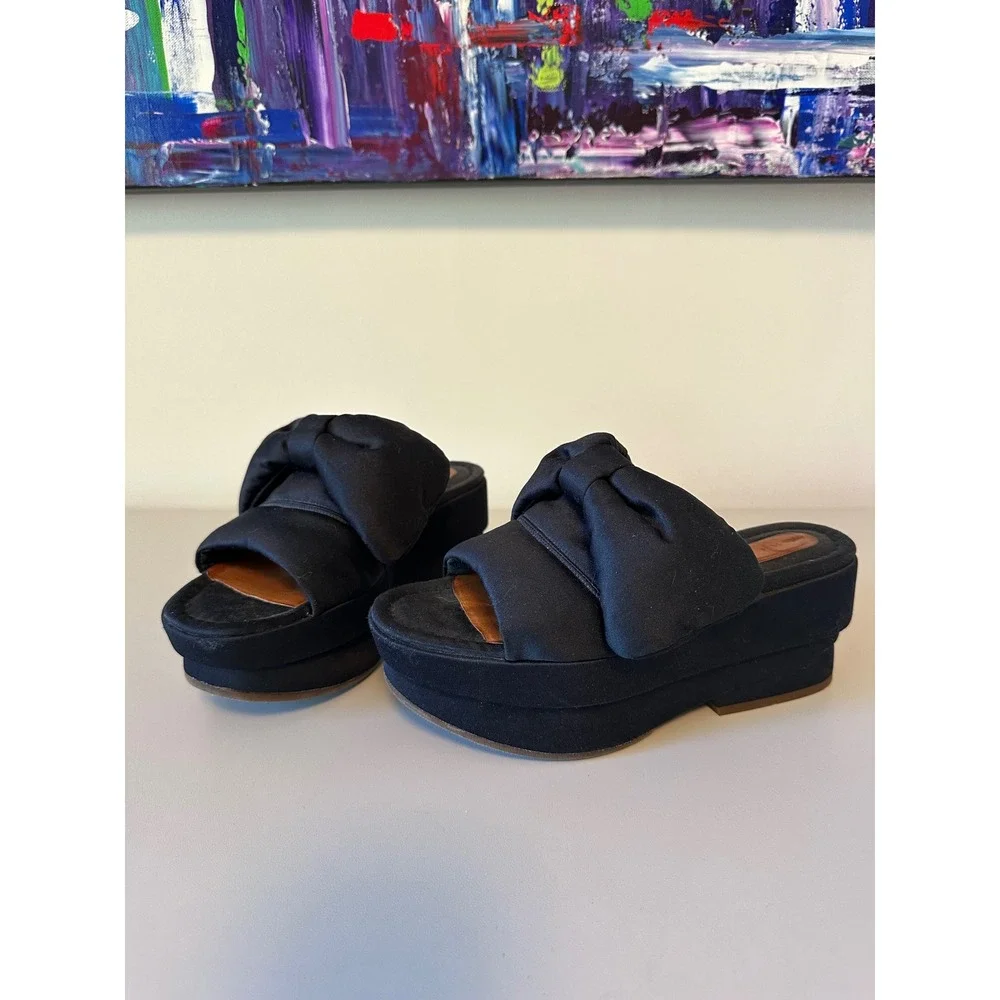 Chie Mihara Black Satin Bow Platform Slides | Size 36